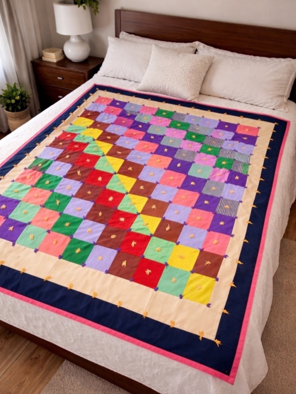 Vintage Handmade Multicolor Patchwork Lightweight Quilt, Pink Border